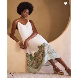 Liverpool Los Angeles Printed Border Maxi Dress size S/M Cream Olive Paisley